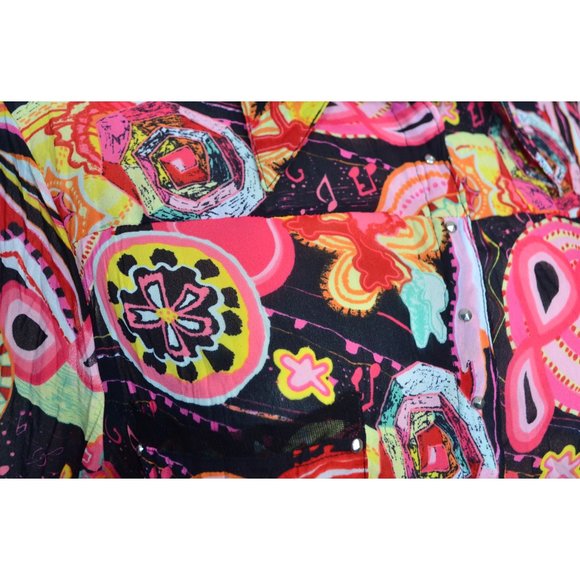 Le Caviar Y2K Music Notes Hearts Geo Print Studs Button Front Crinkle Shirt Sz L - Picture 6 of 9